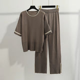 Summer Women's Clothing Age Reduction Ocean Casual Loose Fashion Set Short-Sleeved Knitted Jersey Broad Leg Pants Two