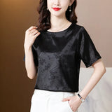 Women's Blouse Satin O-Neck Short shirts Pretty and Cheap White Print Silk Fashion Women Blouses 2023 Elegant Summer Female