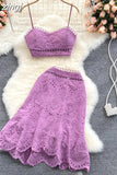 Bohemian Hollow Out 2pcs Set Women Sexy V-Neck Spaghetti Strap Short Tops + High Waist Ruffle Mini Skirt Female Suit