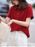 Vintage Red Elegant POLO T-Shirt 2025 Summer New Commuting Shoulder Slim