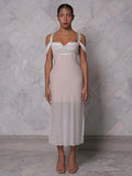 Silver Bustier Off-Shoulder Mesh Midi Dress- Outfit