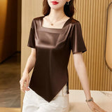 Blouse Women Square Collar Womens Tops Silk Short Sleeve Blouses Elegant Ladies Tops 2023 Fashion Summer Female