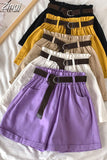 Summer Elegant High Waist Shorts Women Casual Solid Wide Leg Loose Cotton Short Pants With Belt Korean Sweet