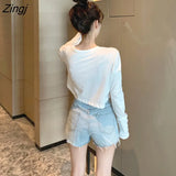 Sleeve T-shirts Women Spring Solid Loose Crop Top Sexy New Trendy Leisure Girls T-shirt Korean Stylish Teens All-match