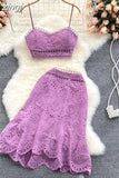Bohemian Hollow Out 2pcs Set Women Sexy V-Neck Spaghetti Strap Short Tops + High Waist Ruffle Mini Skirt Female Suit