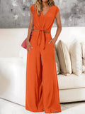 Women's Clothing 2025 New Summer V Tie With Open-Vum Wide Leg Trousers Casual Fashion