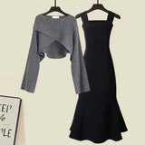 Zingj And Winter Suit Women's 2024 New French Feeling Cross Knit Sweater With Fishtail Dress Two Sets-Outfit