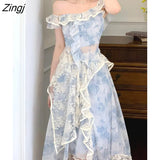 Elegant Floral Strap Dress Women Ruffles Designer Korean Party Irregular Dress Female 2022 Autumn Vintage Sleeveless
