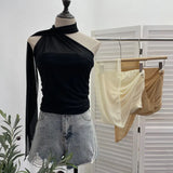 Real Shooting Mesh Ribbon Hanging Neck Folded Sleeveless Top Babes Two-Wearing Design Wrapping Bras