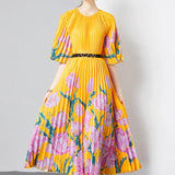 Exquisite Dress Women 2025 New Lazy Wind Collar Mid-Sleeves To Close The Waist Temperament 100-Fold Printing