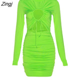 Sexy Hollow Out Drawstring Women Dress Green Long Sleeve Ruched Mini Dress Female Autumn Skinny Fashion Streetwear