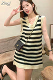 Sleeveless Black White Striped Knitting Dress Korean Loose Ladies Womens Mini Dresses 2023 New Woman Midi Slip