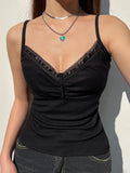 Strap Y2K V Neck Lace Trim Black Crop Top Women Chic Folds Mini Camisole Fashion Basic Summer Tops Backless Knit