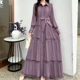 High-End Retro Collar Single Buckle Lantern Sleeve Dress Women's Hollow Lace To Receive Long Waist
