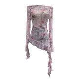Purely Want A Word Shoulder Ink Print Tie-Dye Mesh Long-Sleeved Shirt Irregular Lotus Leaf Side Top