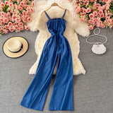 Women Denim Romper Sexy Strapless Draped High Waist Jumpsuits Female Black/Blue Wide Leg Spaghetti Strap Rompers