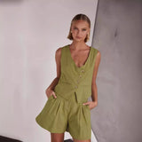 Zingj Spring / Summer 2024 Casual Fashion Single Breasted Vest V-Neck Shorts Suit Women