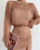 Spring And Summer New Knitted Shirt Horn Sleeve Loose Round Collar Hollow Sweater