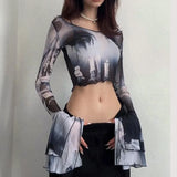 Zingj Slim Mesh Print Sleeve Horn Long Sleeve Perspective Crop Fashion Women's
