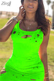 Out Holes 2023 Sexy Women Summer Dress Tie Dyeing Print Bodycon Mini Dress Beach Clubwear Sleeveless Short Pencil