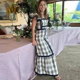 Women's Clothing Explosion Square Collared Color Splicing Dress Fashion Thin