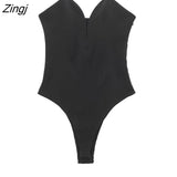 Women Sexy Heart Collar Black Patchwork Slim Sling Bodysuits Ladies Strapless Side Zipper Playsuits Mujer Rompers