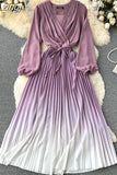 Draped Long Dress Women Elegant V-Neck Puff Sleeve High Waist Pleated A-Line Party Vestidos Female Spring