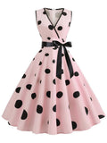 Women 2023 Summer Polka Dot Vintage Dress Sexy Deep V Neck Sleeveless Party Sundress Elegant Casual Belt Beach