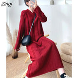 2022 Fashion Autumn Winter Knitted Long Dress Women Korean Style Red Black V Neck Loose Thick Warm Long Sleeve