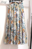 Women Summer Floral Print Chiffon Girls Spring Korean A-Line High Waist Ladies Elegant Office Holiday Midi