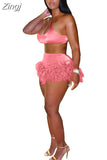 Feather Fringe Shorts Crop Top Two Piece Set Summer Women Sexy Bodycon Tracksuit Party Outfits 2023 Swimsuit