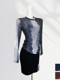 Zingj Waist Pleated Mesh Long Sleeve T Shirt Women's Thin Perspective Dizzy Dye Sunscreen Smock Hot Hot Hot Girl Top