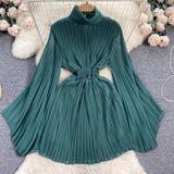 Zingj Of Pleated Horn Sleeve High Collar Dress Female Spring And Summer French Light Luxury Minority Design Sense Of Waist Chiffon
