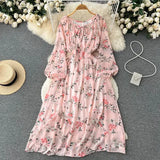 Autumn Women Printed Long Dress Vintage Puff Sleeve High Waist A-Line Casual Maxi Vestidos Vacation Beach Robe
