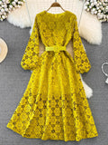 Yellow/Red/White Hollow Out Lace Long Dress Vintage O-Neck Puff Sleeve High Waist A-Line Big Swing Maxi Party Vestido