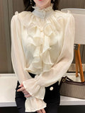 Fashion Chiffon Lace Shirts Stand Collar Korean Ruffles Stitching Button Blouse Woman Long Flare Sleeve Loose Tops