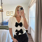 And Sweet Niche Wind 2025 Spring New V-Necked Short-Sleeved Personality Double Bow Solid Color Sweater