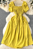 Vintage Women Square Collar Draped Dress Eleagant Puff Short Sleeve High Waist A-Line Knee-Length Robe Female New