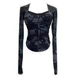 Quality Explosion Fang Lace Splicing Tie-Dye Mesh Long Sleeve Tight Babes With Chest Pads Short Top
