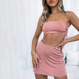 Lace Up Cropped Top Skirt Two Pieces Sets Sleeveless Halter One Shoulder Asymmetric and Mini Skirts Summer Sexy
