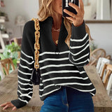 Women's High-Collar Autumn And Winter New Striped Long-Sleeved Top Zipper Knitted Shirt