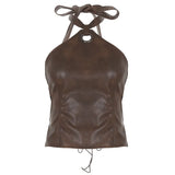 Culture Leather Splicing Vest Ancient Early Do Old Sexy Bare Back Belt Belt Short Hanging Neck Sling