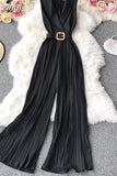 Notched Collar Draped Rompers For Women Casual Sleeveless High Waist Wide Leg Playsuits Female Beige/Green Jumpsuit