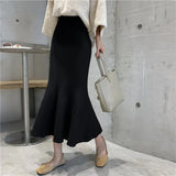 Spring Knitted Mermaid Sweater Skirt Elastic High Waist Women Midi Skirt Solid Ruffle Party Skirts