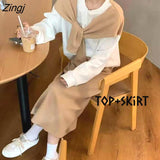 Women Sets 2 Pieces Temperament New Arrive Autumn Patchwork Sweatshirt Mid-calf Skirt Leisure Vintage Teen Tender Ulzzang
