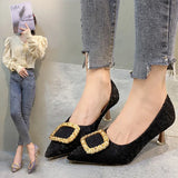 Source Of Light Luxury Buckle High Heel Women's Fine Heel Black Working Shoes Tip Single Shoes 2025 Autumn