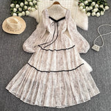 And Autumn New Printing Waist Thin Swing Dress 2025 French Holiday Senior Women's Clothing Splicing Long
