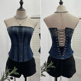 Denim Print Strap-On Corset Tsets Tsets Tsets Tsets Sleeveless Short