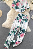 Women Floral Two Piece Set Office Ladies Printed Turn-Down Collar Single Breasted Tops + High Waist Wide Leg Pants Suit 2023