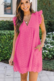 Dress with Pockets 2023 Summer Short Sleeve Lace Dresses for Women Hollow Out Spliced V-neck High Waist Party Dress
